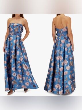 Sachin + Babi Strapless Blue Floral Belted Gown